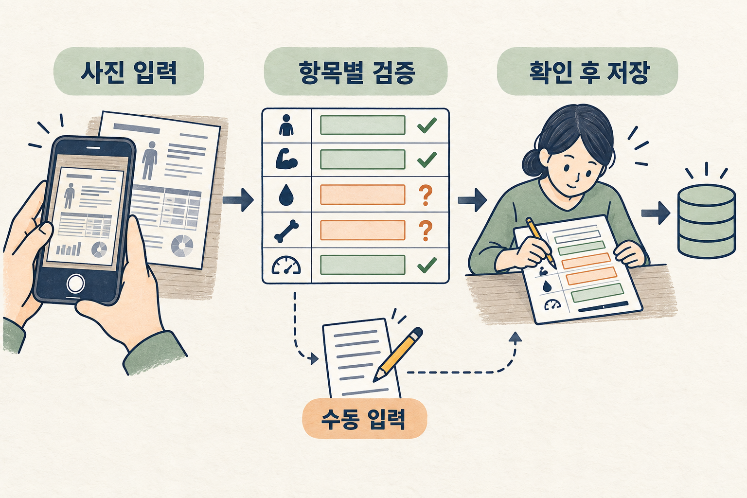 결과지 사진을 찍어 넣고 항목별로 검증하고 사람이 확인한 뒤 저장하는 흐름과 수동 입력 경로를 그린 삽화
